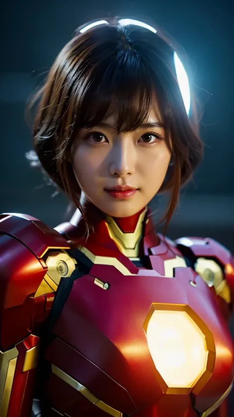 close-up of beautiful korean female, 34 inch breasts size, swept bangs, wearing as Iron man costume, night, cinematic lighting, retina