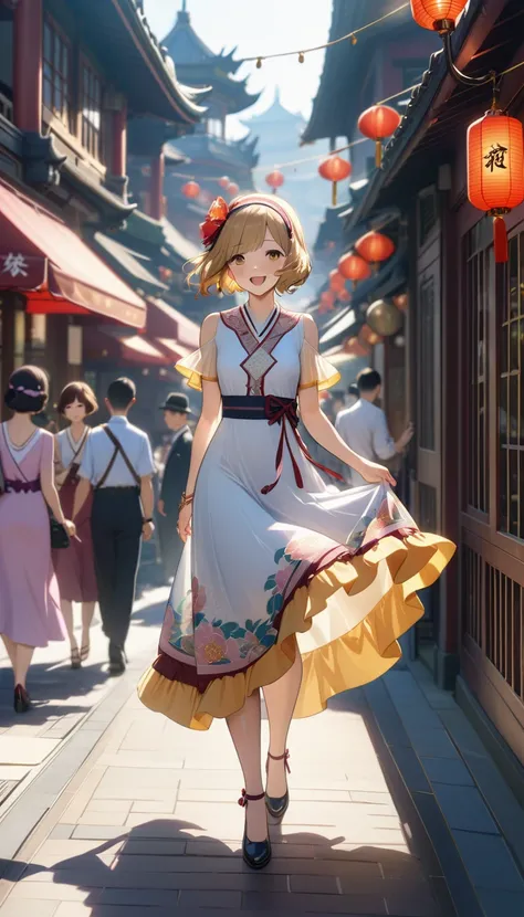 summer,One cute girl,Happy,Walking through Shanghai in the 1920s,fashionable,Chinoiserie long dress,Black midi ruffle petticoat,Ribbon Beads Hairband,Jacquard Separate Pump,Lens flare,Blurred,(Depth of written boundary:1.1),sun rays,masterpiece,Highest qua...