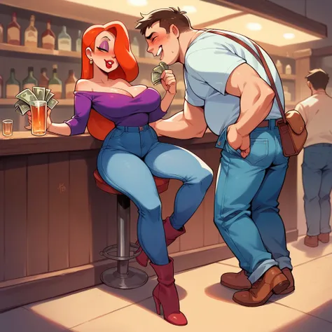 Jessica rabbit is talking to a fat young man in a bar, she is wearing a top and jeans and long boots, he is wearing a shirt and jeans, she is drunk, he shows her a bag with money