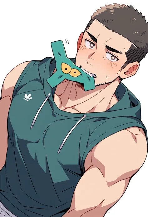 anime characters：Priapus, Muscle Sports Student, Buzz Cut, Manliness, male focus, Sports tight hooded sweatshirt, Very tight, full and perky chest muscles, muscular male, muscular, only, Upper body, alone, Black short hair, Thick eyebrows, stubble, Brown-r...