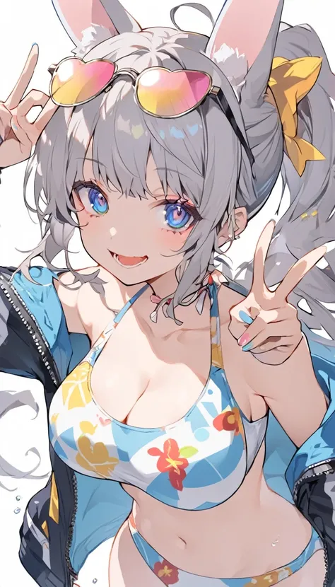 a cartoon girl with big bunny ears wearing swimwear giving the peace sign, 1girl, breasts, blue eyes, solo, animal ears, navel, v, large breasts, eyewear on head, ponytail, grey hair, jacket,Miyu