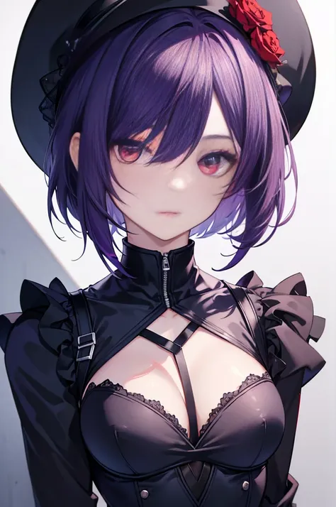 a beautiful girl with violet hair wearing a black dress, extremely detailed facial features, bob haircut, woman wearing a long black and red coat, solo character, white background, anime style, very detailed, photorealistic, 8k, best quality, masterpiece, ...