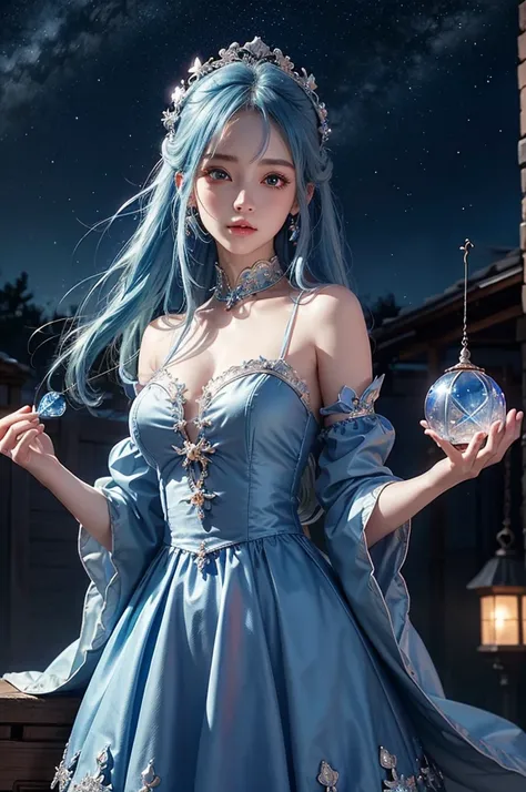 Ultra HD、A beautiful blue-haired character、Holding a blue crystal in both hands、Cute big eyes、close、Red burning cheeks、Night scene with starry sky background、fortune teller、Wearing a gorgeous dress、Subtle details、A fantastic atmosphere、Anime style