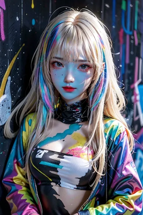 (best quality), masterpiece, Extremely detailed CG8K painting, High Color, Extremely High Color saturation, All colors are deepened, , Graffiti Art, Central Composition, Extremely detailed lighting, Graffiti Wall, Walls painted bright colors, 1 girl graffi...