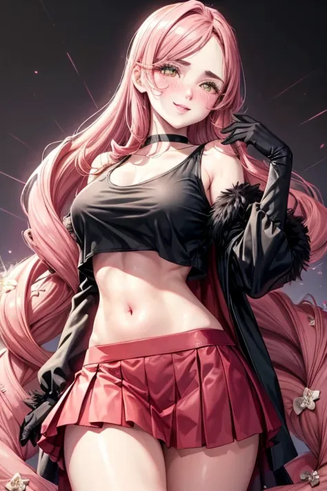 1 girl, chapped lips, blush, make up, light smile, black fur, red eyes, crop top, skirt, light rays, glow, thighs, clavicle, nar...