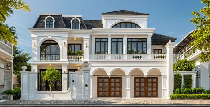 neo classical villa on street, (daylight), tropical tree, vivid colour, streetcapes, white tone, white wall, large glass door, w...