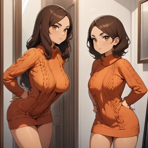 1 human girl, beautiful, in a room, masterpiece, highly detailed, upper_body, Round_breasts, looking at viewers, wearing a Knit sweater dress with cable patterns, standing Hands on Hips, mirror behind, Eyes Large, almond-shaped, dark brown, Nose Narrow and...