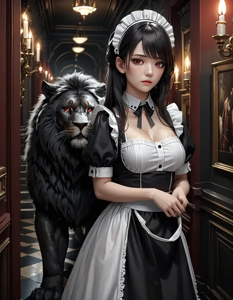 high quality, detailed, Realistic,(25 years old beautiful maid), (detailed dark red eyes), (black long hair),large beasts,(shiny skin),dark night palace corridor, candle,best quality,4k,8k,highres,masterpiece:1.2),ultra-detailed,(realistic,photorealistic,p...