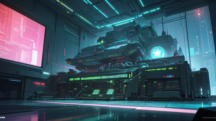 a futuristic sci-fi control room, highly detailed and technologically advanced, a central command terminal, large glass windows, intricate machinery, glowing displays, sleek metallic surfaces, neon accents, cinematic lighting, cinematic angle, award winnin...