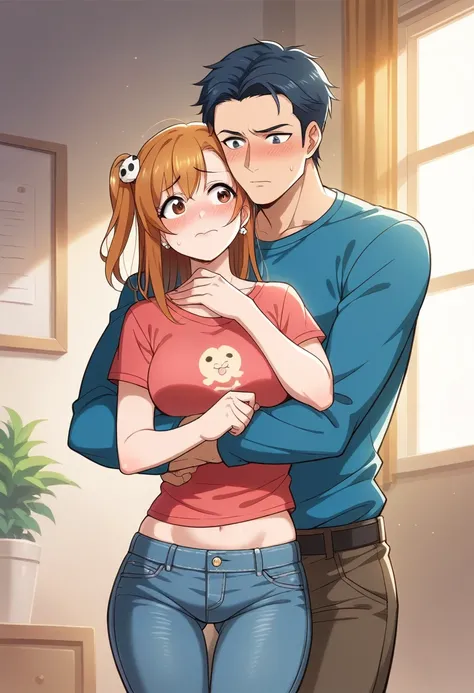 (Masterpiece, Best Quality, High Quality), professional artwork, well drawn, Intricate Details,(((a big boy and a girl looking at each other))),Kousaka honoka, room,  earring, blushing, embarrassed, t-shirt, midriff, denim pants, facing each other, before ...