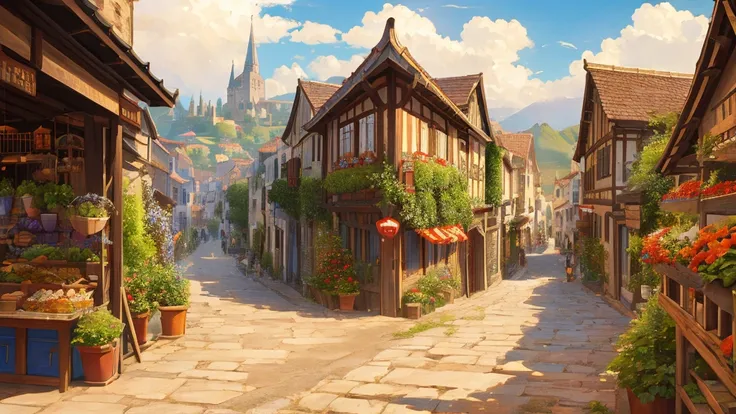 medieval european streets、harvest festival、landscape、festivals、bustling、fantasy、fantasy