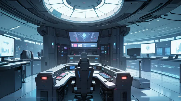 make a futuristic rpg setting. an extremely beautiful and technological control room, with a command terminal in the middle. must have beautiful and large glass windows