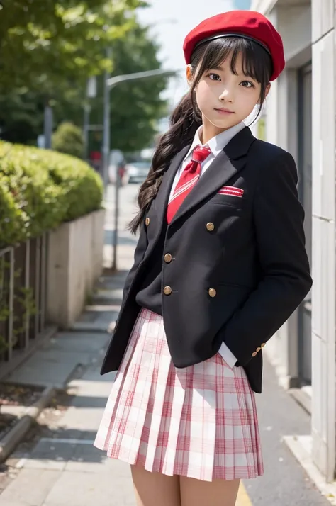 、Young Girl、Primary school students、White Blazer、Red Check Skirt、beret、Black Hair