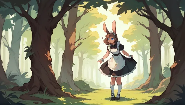 Rabbit in the body of a woman With brown hair, blue eyes, wearing a maid outfit, standing in the middle of a forest.