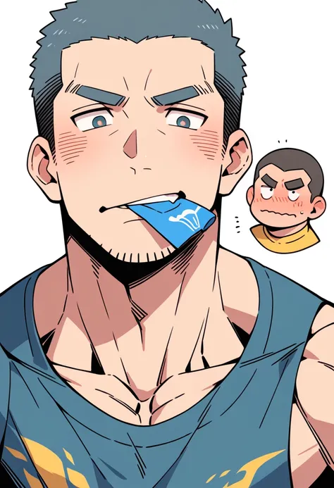 anime characters：Priapus, Muscle Sports Student, Buzz Cut, Manliness, male focus, Sports tight hooded sweatshirt, Very tight, full and perky chest muscles, muscular male, muscular, only, Upper body, alone, Black short hair, Thick eyebrows, stubble, Brown-r...