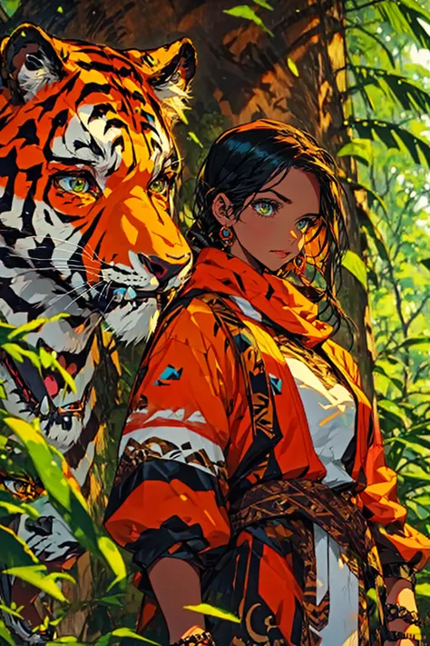 1lady and 1tiger,cool,in jungle,amazon,amazones,she wear national costume,big tiger,