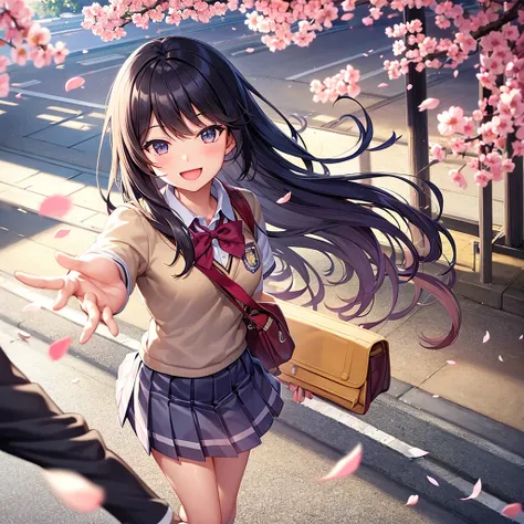 School Life: A cheerful high school student with a bright smile, wearing a , running down a cherry blossom-lined path with petals gently falling around.