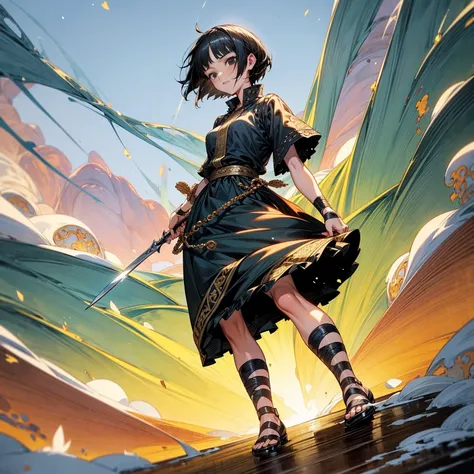 1girl, Full body version, 1character, girl version, black eyes color, short haircut, black colour hair, Ancient Roman style clothing, long skirt, Grassroots, background in snow town, motion blur, (one piece style art), snow, knife in hand, high angle view 