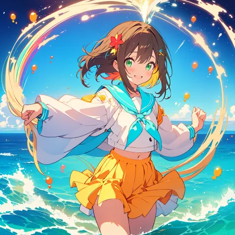 kawaii, anime, Cute, hyper quality, highly detailed, 8k, Front facing, Clarity, brown long hair, green eyes, smile, sailor suit, the skirt flaps, In the water, Pose with movement, countless bubbles, wrapped in bubbles, light shines in, underwater, rainbow ...