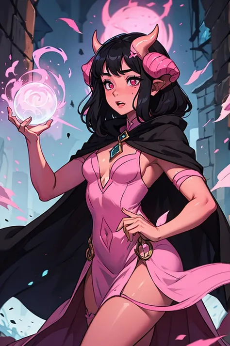 A beautiful pink-skinned woman pink as a pink-skinned devil with long black hair that goes all the way to the ground Make her like a sorceress in a setting filled with magic and mystery A character for medieval RPG she must be wearing medieval robes coveri...