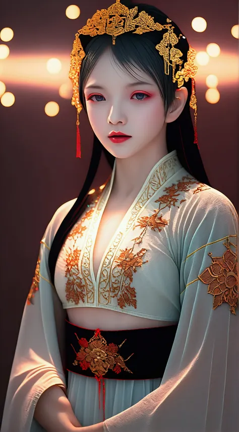 1 beautiful girl in beautiful hanfu costume, thin red silk shirt with many yellow motifs, black lace top, light pink rabbit ears, long hair dyed pale purple platinum, beautiful hair jewelry, pretty face cute pretty face, perfect face, earring jewelry, anti...