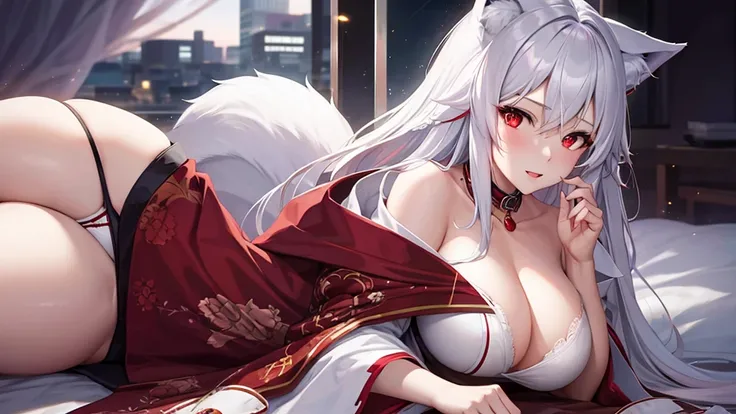 An adult woman half fox and wolf, wide breasts, red eyes, white hair, very sexy, underwear, very shy