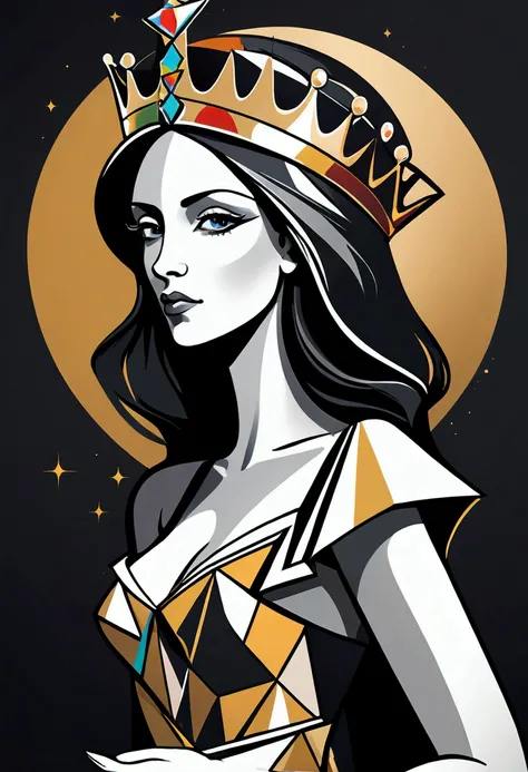 Picasso Cubism, Queen,  crown, elegant dress，simple geometric shapes and lines，By color、Gradient、Shadows and other methods to enhance the visual effects and layering of graphics。 vector art style has simplicity、clean、modern visual features，Simple golden ba...