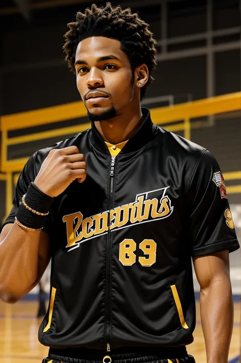 Handsome basketball anime player with a black jersey and a gold name "FRED" with a bracelet and a jacket and a wing background 