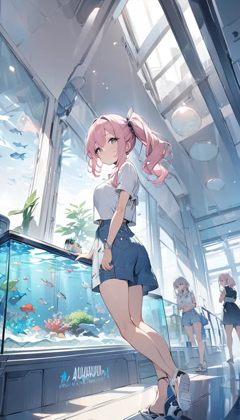 Highest quality　masterpiece　High resolution　masterpiece　Light pink hair　Grey Eyes　side ponytail　Summer casual outfits　in the aquarium、wide view