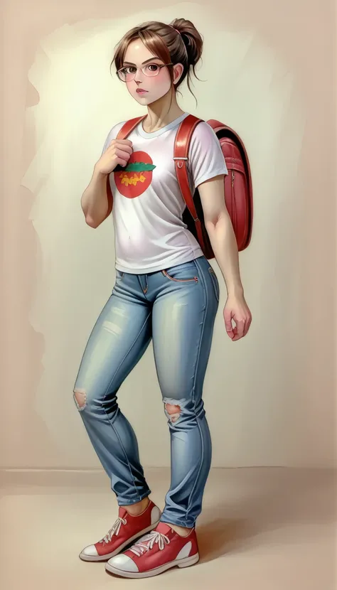 (zPDXL2),  score_9_up, painterly, faux traditional media, realistic, portrait, BREAK
1girl, solo, (Chestnut, shoulder-length hair), brown eyes, (slender body:0.75), Light with a slight blush on her cheeks, action pose, (wearing Jeans and t-shirt, sneakers,...