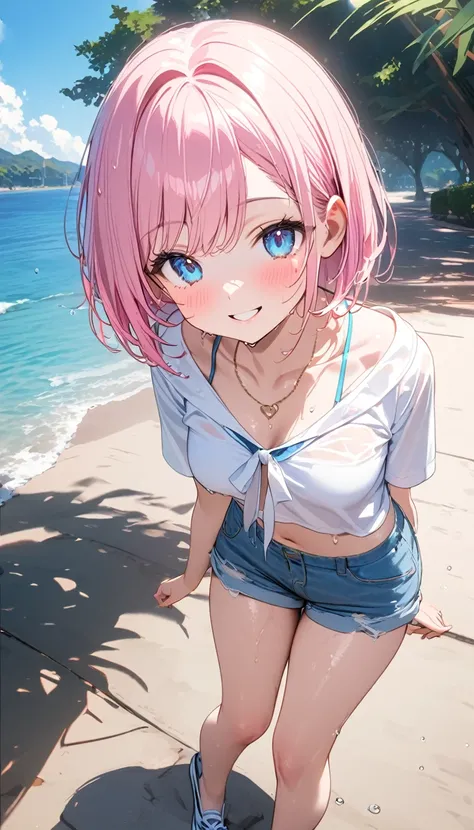 (1 girl),(Best Picture Quality, 8K, Masterpiece:1.3), (high school student:1.5), ((pink lob hair:1.1)), (bob cut),(swept bangs), (cute eyes, pupil black, iris skyblue, youthful face), (mole under right eye), (standard weight), (small breasts), (glistening ...