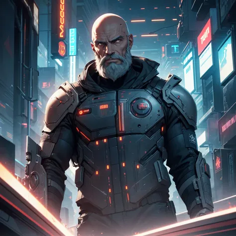 a long-bearded, bald man, around 50 years old with grey beard, muscular, in a futuristic setting, detailed face, hyperrealistic, cinematic lighting, dramatic atmosphere, advanced technology, metallic, neon, cyberpunk style, moody color tones