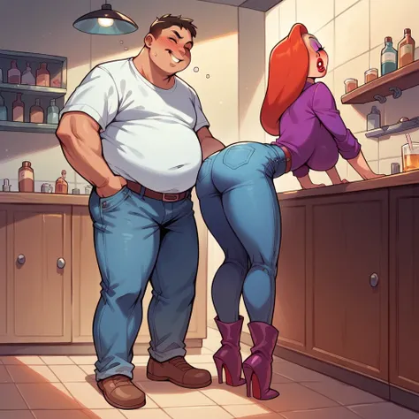 Jessica rabbit is fucking with a fat young man in a bar, she is wearing a top and jeans and long boots, he is wearing a shirt and jeans, she is drunk, bathroom, standing