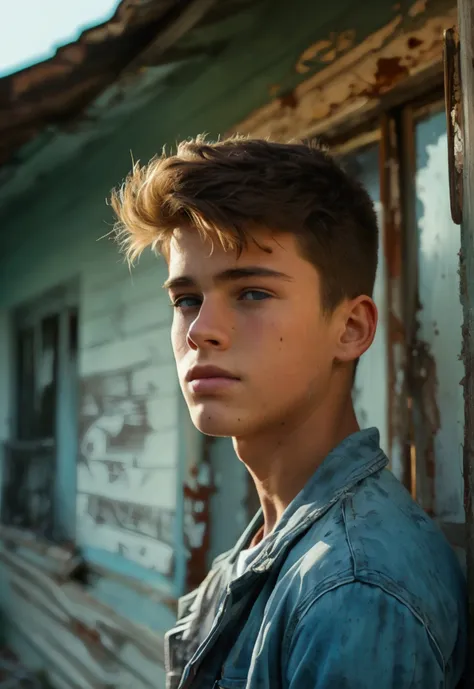 realistic photo of solo handsome teenage men ,standing in front of an abandoned house ,daytime