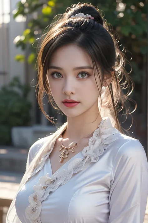 1 beautiful girl in Hanfu costume, ((white thin purple silk shirt with a lot of texture)), white lace top, long purple platinum ponytail Hair, Jewelry, ear jewelry, necklaces and necklaces, carefully drawn big purple eyes, makeup careful, thin eyebrows, hi...