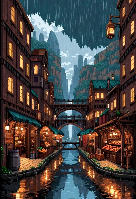 masterpiece, high quality, Ethyl Ketone, Pixel Art, Industrial age city, There is a deep canyon in the middle, Building Street, market, bridge, rain, Steampunk, 