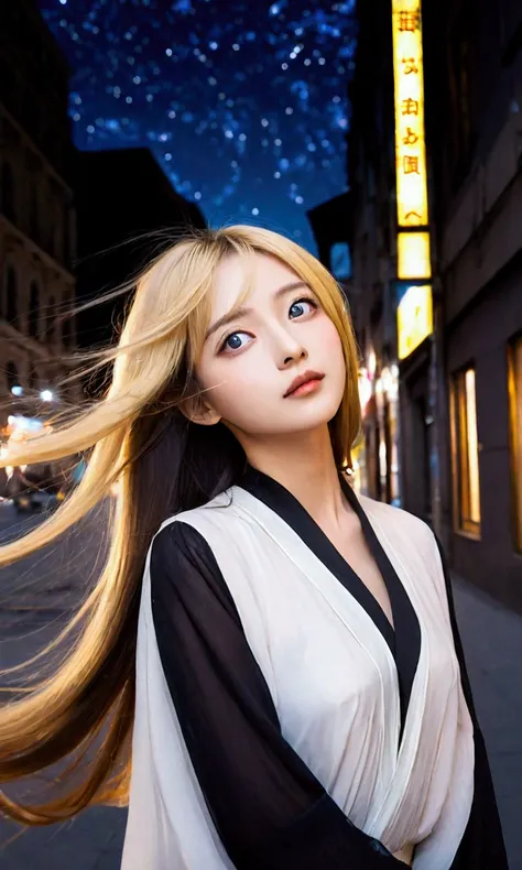 The girl has big eyes, delicate features and long flowing hair. She walks in the city and looks up at the starry sky.,