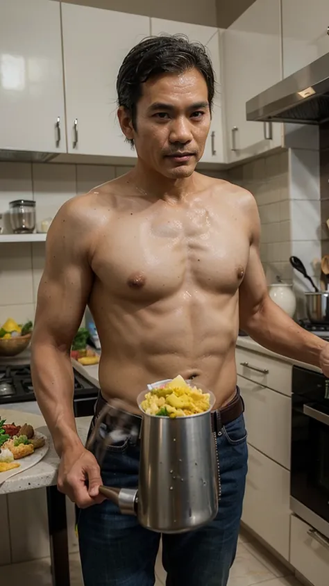 photorealistic,man,Thai person,45 years old,handsome,cool, tossing scrambled eggs in a frying pan, at the kitchen, Put on the table,Looks delicious,Very delicious,Have lunch,realistically,sharp.