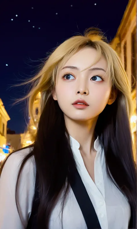 The girl has big eyes, delicate features and long flowing hair. She walks in the city and looks up at the starry sky.,