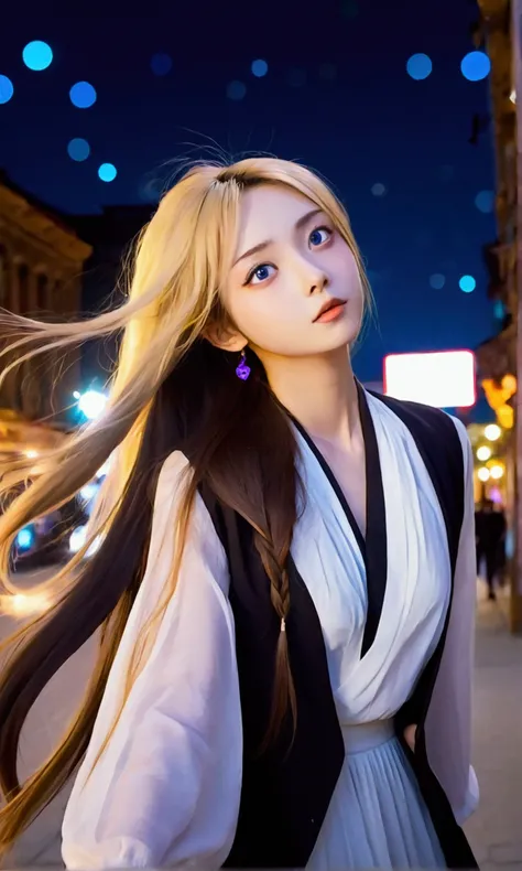 The girl has big eyes, delicate features and long flowing hair. She walks in the city and looks up at the starry sky.,