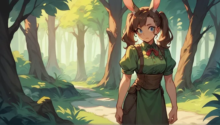 Rabbit in the body of a woman with brown hair, blue eyes, twintails, standing in the middle of a forest There are costume designs from the Middle Ages.