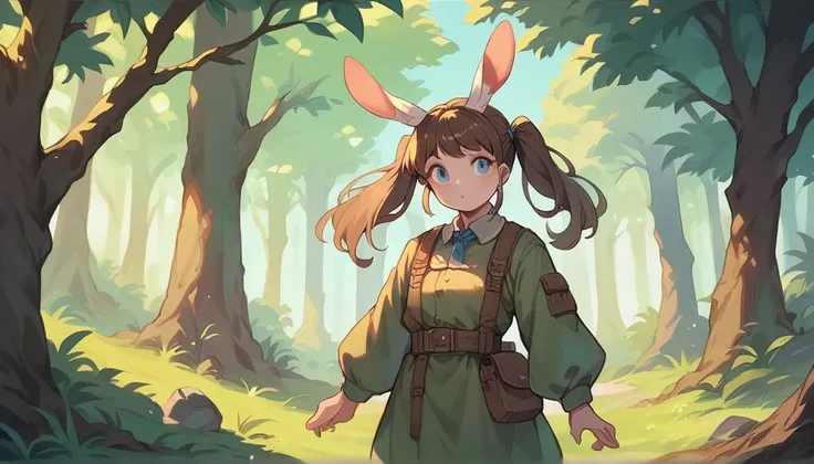 Rabbit in the body of a woman with brown hair, blue eyes, twintails, standing in the middle of a forest There are costume designs from the Middle Ages.