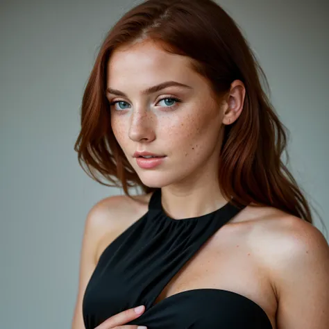 young girl, red-haired woman, blue eyes with light freckles on her cheeks, big tits, she is dressed in a sexy, elegant black dress, photo taken on a white background. Ultra-high resolution, (photorealistic: 1.4), high resolution, (brown eyes), (finely deta...