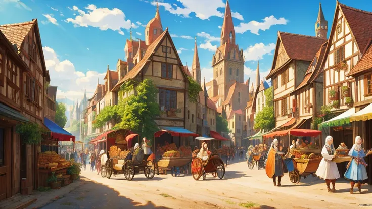 medieval europe、harvest festival、landscape images、festivals、bustling、streetscape、fantasy、fantasy、daytime、gorgeous