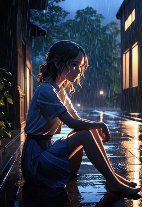 (Extremely detailed CG unity 8k wallpaper), Beautiful young woman in the rain, skirt, sit, full_Body, dramatic, Backlight, Light, Volumetric Lighting, Delicate face, 