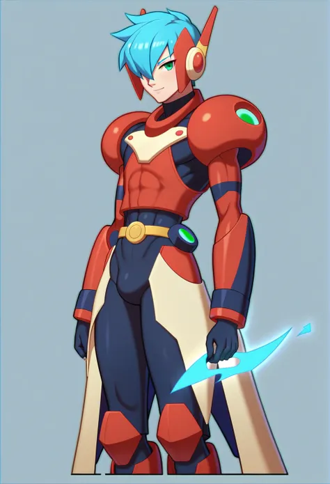 1in kinu-sensei artstyle, Kinu Nishimura style, muted pastel colors, (multiple views:1.2),  1boy, solo, hardboiled, reploid, The image showcases several iterations of the character Megaman X in his design from "Mega Man X8". This character, a Reploid, feat...