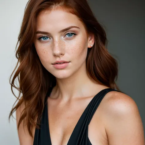 young girl, red-haired woman, blue eyes with light freckles on her cheeks, big tits, she is dressed in a sexy, elegant black dress, photo taken on a white background. Ultra-high resolution, (photorealistic: 1.4), high resolution, (brown eyes), (finely deta...