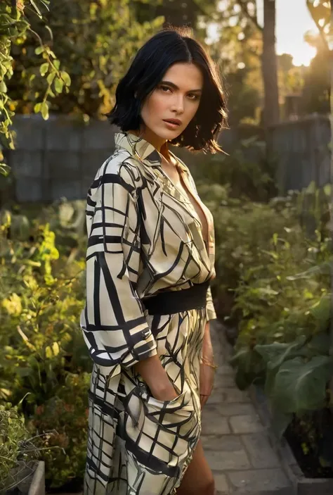 golden hour, garden, back lighting, fashion shoot, caucasian female with black hair, looking at the camera, dynamic pose, in the style of Vogue, Avant-garde Fashion page, warm lighting
