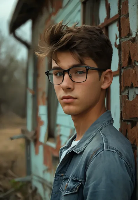 Realistic photo of solo handsome teenage men ,Standing In front of an abandoned house ,daytime
