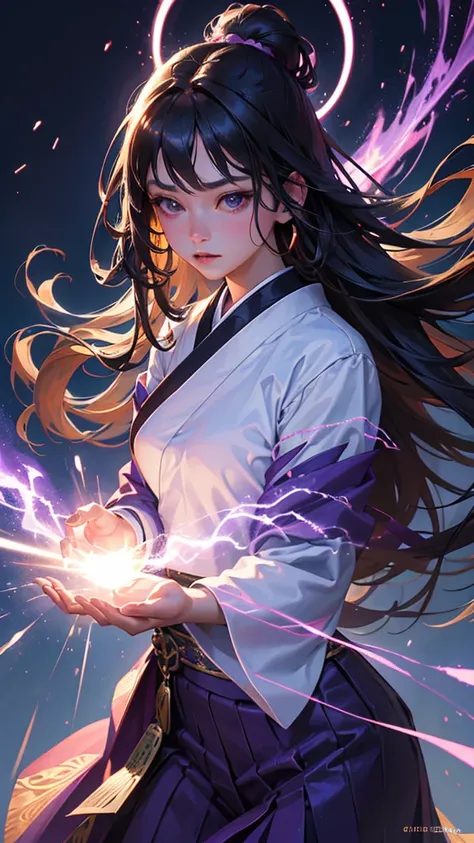 a beautiful young woman, 18 years old, long black hair, japanese traditional clothing, manipulating purple lightning, casting magic, sparks of lightning, dark lighting, (best quality,4k,8k,highres,masterpiece:1.2),ultra-detailed,(realistic,photorealistic,p...